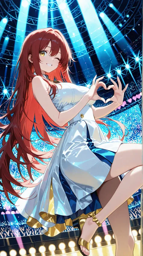 1 woman , golden eyes , very long hair , long sidelocks, red hair, very cute , beautiful ,Straight hair, cool, handsome, hair between eyes, sexy, medium large breast, AIU,Latest,Highly detailed illustration,Realistic,Idol concert,Heart hands,Cute expressio...
