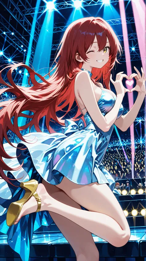 1 woman , golden eyes , very long hair , long sidelocks, red hair, very cute , beautiful ,Straight hair, cool, handsome, hair between eyes, sexy, medium large breast, AIU,Latest,Highly detailed illustration,Realistic,Idol concert,Heart hands,Cute expressio...