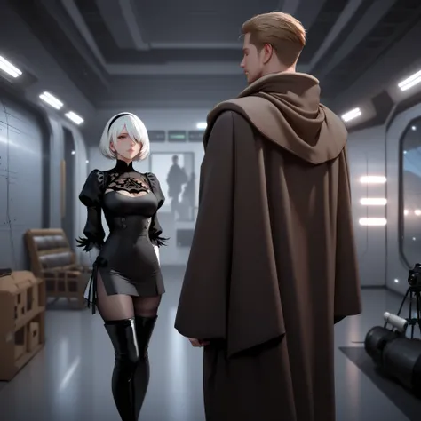 in anime style , A large room on a space station that doubles as a military base, a large lobby, metal walls , white lights, multiple characters, A woman standing inspired by Nier 2B wearing a black fitted round dress with a side v-cut on the leg, a man s...