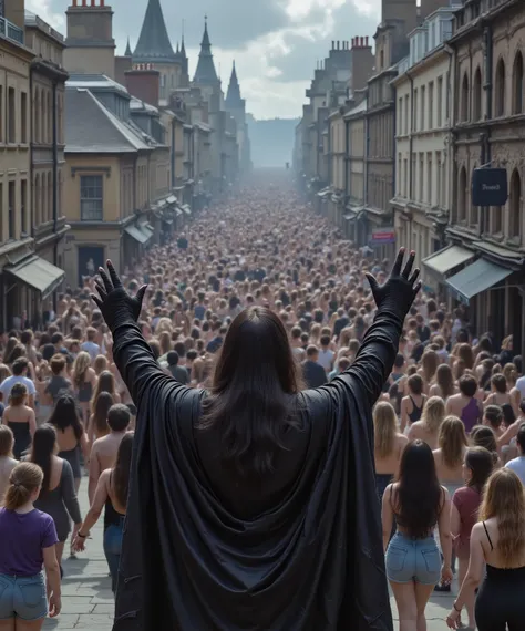 A Count Dracula with his back to the camera, standing, with the black cover open, Make the symbol of (((peace and love with raised hands))) for the huge audience with their arms raised, with t-shirts of various colors and a large band half to the public w...