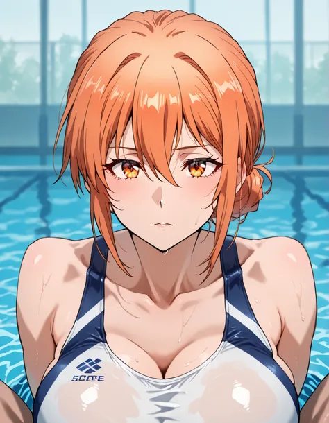 ((top quality)), (Super Detail), 8k, hyperbust,  score_9, score_8_up, score_7_up 巨乳 ,yuigahamama, hair bun, mature female, orange eyes, orange hair, short hair, single hair bun, hair between eyes, sidelocks,competitive swimsuit,anime,nsfw,ahemaru,pool ,pro...