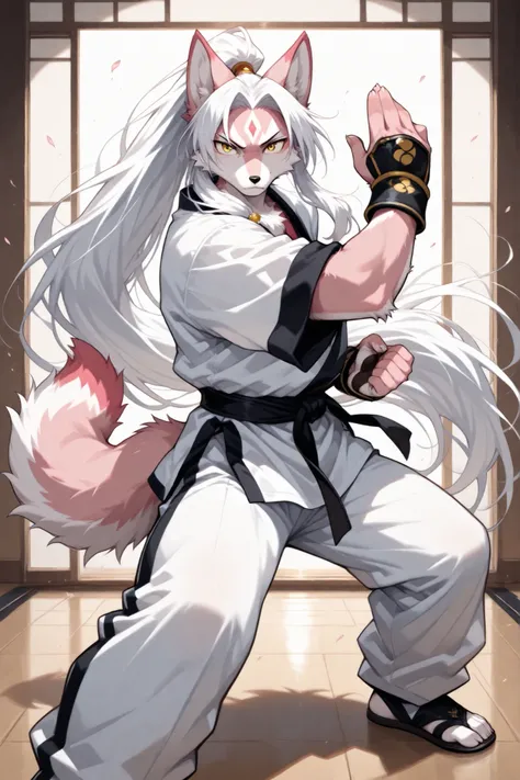 A beautiful kitsune male(white and pink fur, yellow eyes, very long hair, furry tail), furry art, style picture of a man , handsome anime pose, white haired deity, martial art, kung fu
