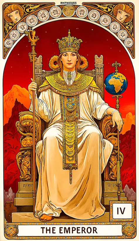 Art nouveau style, a very powerful Emperor character of tarot, text says "THE EMPEROR" at bottom, "IV" at top, the Emperor sits on a stone throne, throme adorned with four ram's heads, Wearing a crown with gems around, The tip of the crown on his head also...