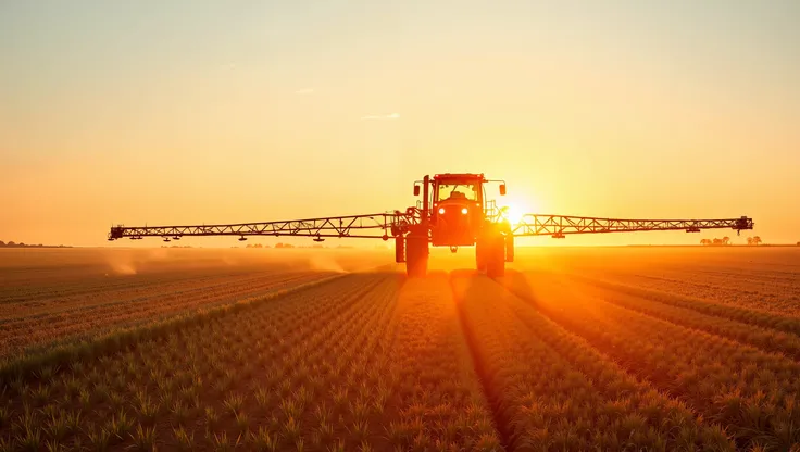 image of a self-propelled sprayer, with his arms open, Give a field, panoramic image , to sunset, backlit sun