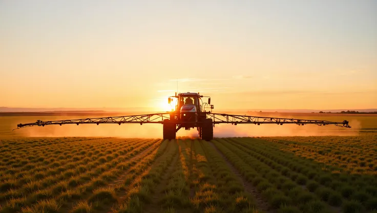 image of a self-propelled sprayer, with his arms open, Give a field, panoramic image , to sunset, backlit sun