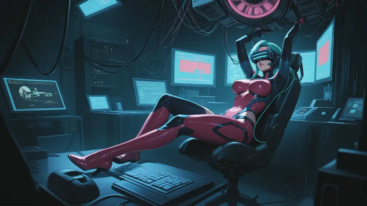 cyberpunk machine woman connected to wired 80s computers using vr machine retro in a lab with multiple wired computers everywhere old dark machine