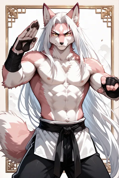 A beautiful kitsune male(white and pink fur, yellow eyes, very long hair, furry tail), furry art, style picture of a man , handsome anime pose, white haired deity, martial art, kung fu, shirtless, wing chun