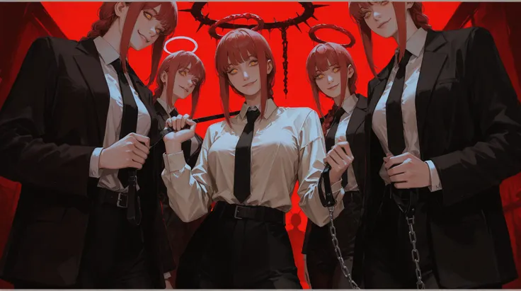 masterpiece, best quality, amazing quality, very aesthetic, 1girl, makima_(chainsaw_man), necktie, shirt, holding_leash, red_hair, leash, white_shirt, looking_at_viewer, yellow_eyes, black_necktie, collared_shirt, braid, smile, braided_ponytail, breasts, h...