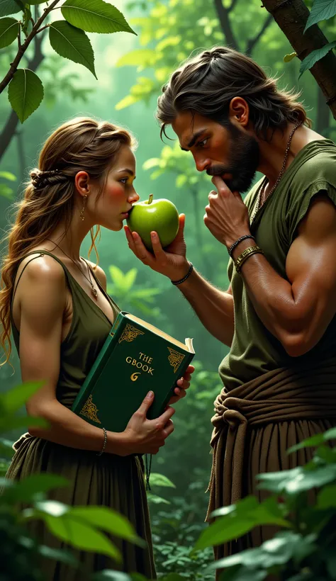 In a jungle Eve giving a big green apple with a mark of "G" letter on it. Adam is holding  a green covered book in on hand. Book has "GBOOK"  text and golden marks on its cover.  Adam looks suspiciously rubbing his chin with his other hand.
