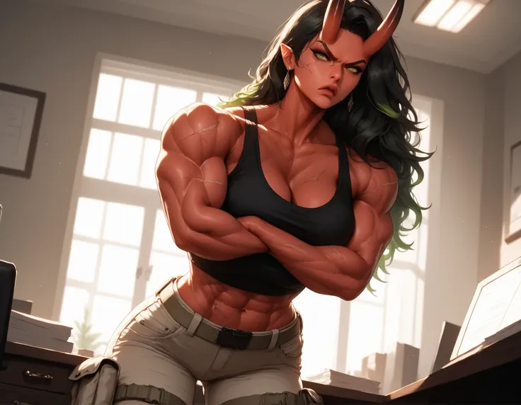 office break room, industrial lighting, black furniture, white tile floors, (muscular_female:1.3), (red_skin:1.3), oni_horns, sharp_teeth, fangs, facial_scars, scars, (green_eyes:1.2), long_black_hair, green_highlights, detailed_hair, tactical_pants, black...