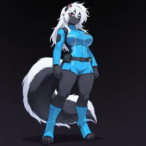 ((solo:5.5)), masterpiece, best quality, anime style, anime shading, full body picture, buxom body type, centered, three-quarters view, by plive, 1girl, anthro, furry female, large skunk female, long white hair, red eyes, (pointed ears), (tall with large b...
