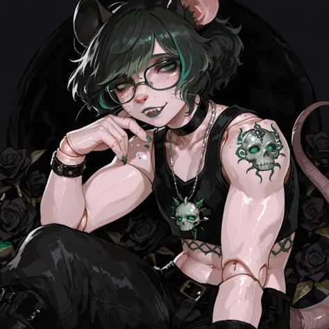 (Tall male), (black big curly afro with green highlights), (Green streaks in hair), (green eyes), (glowing iris), (black choker), (black leather bracelets), (Black Rose Tattoo on right shoulder), (Silver necklace with a green jade skull trinket), (fingerna...