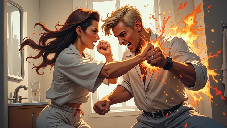 A 30 year old woman punched a 30 year old man in the face. they are standing in the bathroom with a laundry basket next to them. the woman is beautiful she has long brown straight hair. she is wearing pajamas. the man with blonde hair is wearing pajamas. 4...
