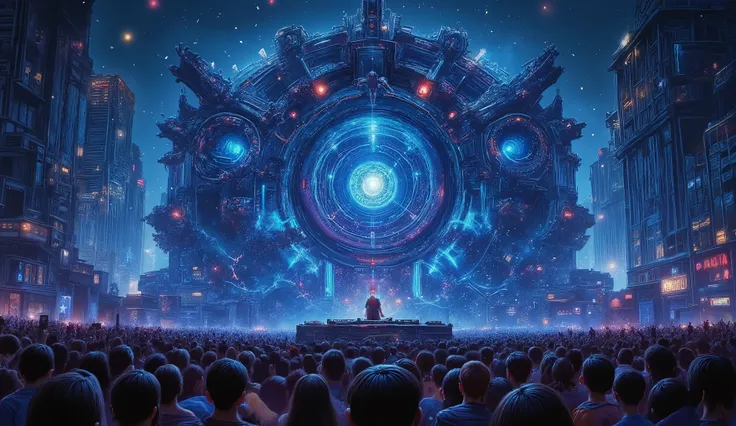 (( A Colossal Event on an Armed Stage in a large metropole , stage of the layoffs and pickpockets and the thickness of a large building, built specifically for a large Festival, in the background a state-of-the-art three-dimensional screen creates surreal...