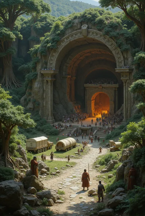 cave entrance in the forest with guards watching around and guarding the entrance, many caravans entering and leaving the front door of the cave, a red light coming out the door outside.