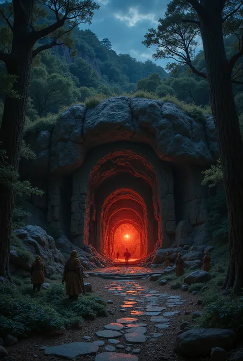 cave entrance in the forest with guards watching around and guarding the entrance, many caravans entering and leaving the front door of the cave, a red light coming out the door outside. night sky, Reduced view , guardas