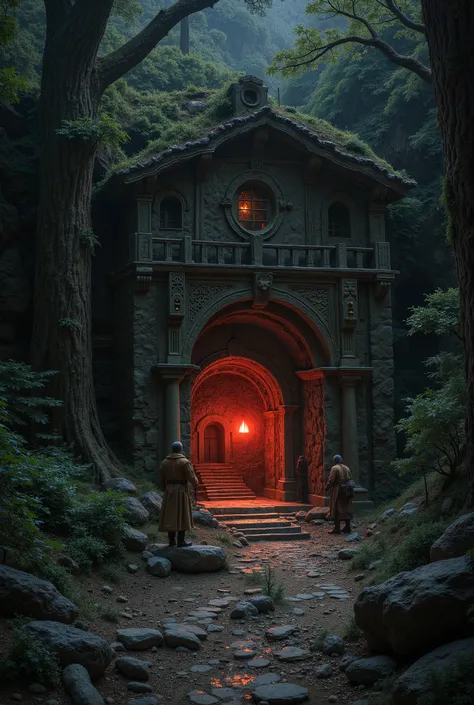 cave entrance in the forest with guards watching the surroundings and manning the entrance, many caravans entering and leaving the front door of the cave, a red light coming out of the door. night light, nocturnal, dark and gloomy place, medieval fantasy r...