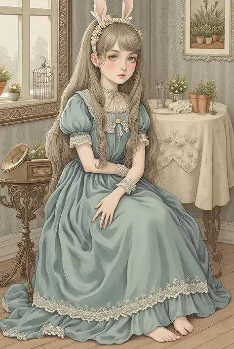 An old book illustration, a sketch. A sweet age girl with fair skin and light brown hair cascading to her waist sits elegantly on an ornate wrought iron chair by the window. Her expression is gentle, naive, thoughtful, and her gaze is slightly downcast. ...