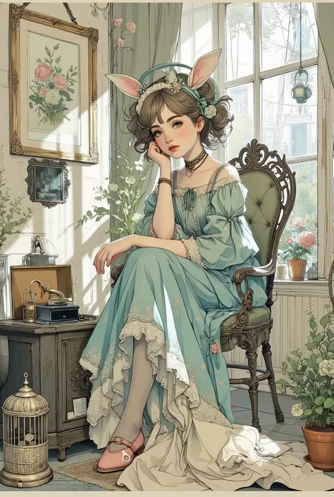 An old book illustration, a sketch. A sweet age girl with fair skin and light brown hair cascading to her waist sits elegantly on an ornate wrought iron chair by the window. Her expression is gentle, naive, thoughtful, and her gaze is slightly downcast. ...