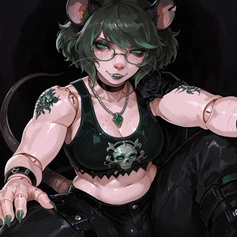 (Tall Mature Female), (black big curly afro with green highlights), (Green streaks in hair), (green eyes), (glowing iris), (black choker), (black leather bracelets), (Black Rose Tattoo on right shoulder), (Silver necklace with a green jade skull trinket), ...