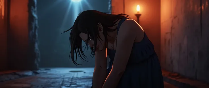 Woman with head down, crying, cinematic composition, vibrant colors, depth of field (best quality, 8k, high resolution, masterpiece: 1.2), ultra detailed (realistic, photorealistic, photorealistic: 1.37), cinematic lighting, dramatic shadows, romantic scen...