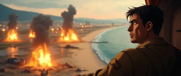American soldier, looking from a plane flying over a beach, several explosions in a minefield. World War II., cinematic composition, vibrant colors, depth of field (best quality, 8k, high resolution, masterpiece: 1.2), ultra detailed (realistic, photoreali...