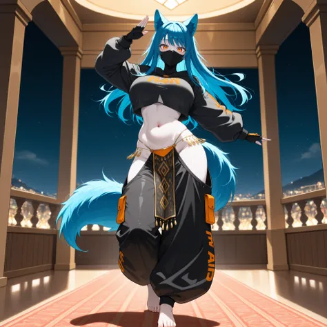  1girl, solo, wolf ears, blue ears, wolf tail, blue tail, blue hair, long hair, beautiful face, orange eyes, pale skin, oppai, navel, baggy sweatshirt, (fitness thong, pelvic curtain:1.3), (large pants, oversized pants, belly dance harem pants, h4r3mp4n75:...