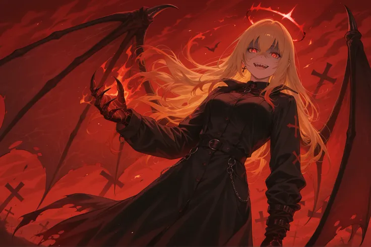 Image is a digital illustration featuring a fantasy character with a dark, gothic style. The subject is a female figure with long, flowing blonde hair, highlighted by a glowing red halo above her head. Her skin is pale, contrasting with the deep red and bl...