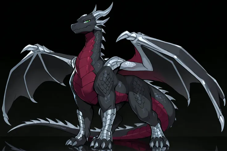 anime style, anime shading, clean lines, masterpiece, best quality, full body picture, centered, enderdragon, (feral), dragon, large adult dragon, female dragon, 1girl, long horns, wings, claws, tail, green eyes, perfect eyes, ((overlapping red chest scale...