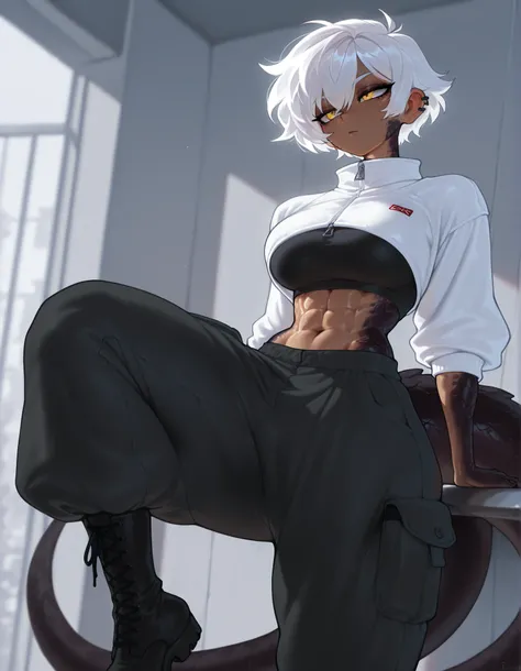 masterpiece, best quality, amazing quality, very aesthetic, absurdres, newest, scenery, extreme detail, 8k, detailed eyes, yellow eyes, by Riolutiny, tomboy, female, scalie arms and neck, solo, extremely detailed scales, dragon horms, short spiky white hai...
