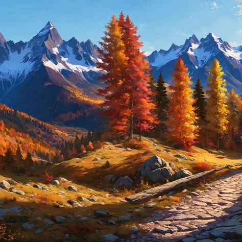 autumn landscape, fantasy, digital painting style, realistic shadows, iray, autumn forests, rock, detailed mountains, (cold autumn evening:1), twilight, 8k, 16k, highly Detailed, clear sky, fogless, masterpiece, Panorama, wide shot, outdoor, highres, absur...
