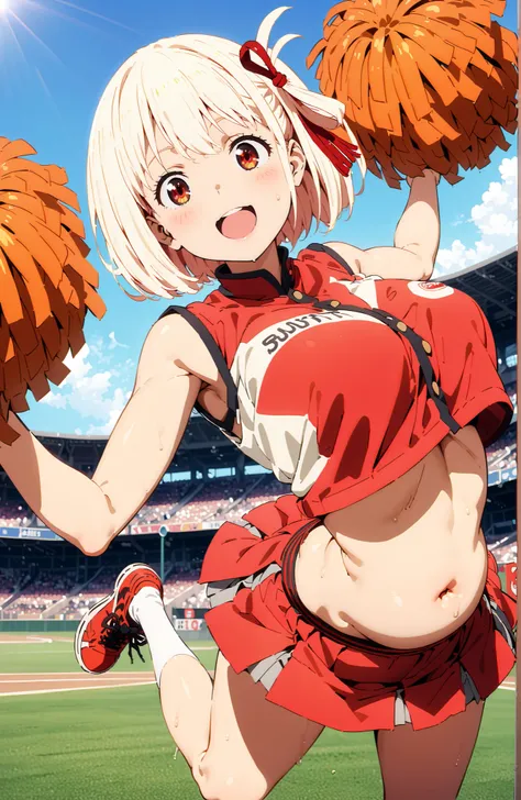 Nishikiki Chisato, solo,short hair, bungs,  Gold, Red Eyes, hair ribbon, one side up, bob cut,smile,blush,open your mouth,Under boob,angle from below,
(Cheerleading), (full body),  on chest, (sweated), sweated Wet Clothes, (Red clothing),sleeveless, pleate...