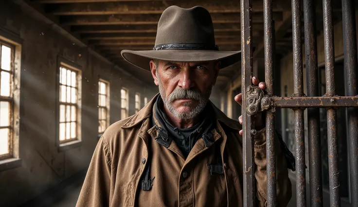 "A hyper-realistic cinematic portrait of an older, rugged Old West sheriff closing the heavy iron-barred doors of a dusty frontier jail. Dalton Cross, in his late 50s, has a hardened, suspicious expression, deep lines etched into his sun-weathered face, an...
