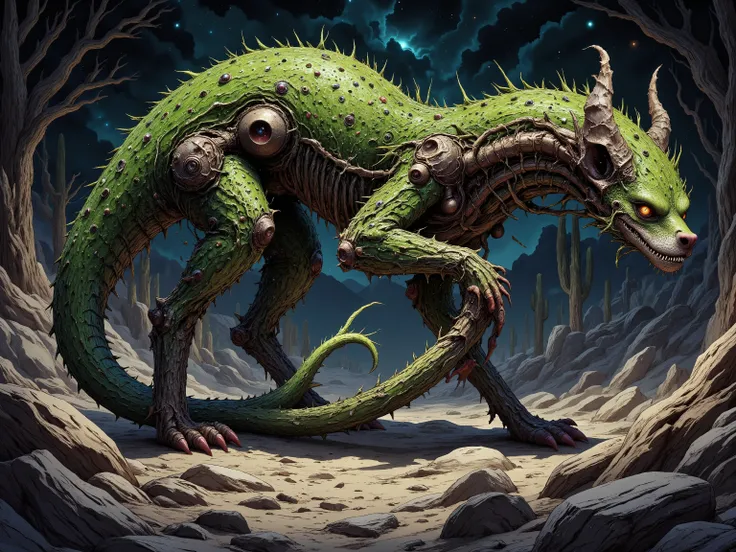 spiraling gyre of bone and glass, hyena with a lizard's tail and human feet with massive claws, green Cactus skin , thousands of eyes cover its body , in a desert, ultra-saturated colors