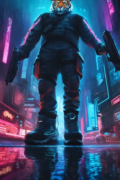 cyberpunk city night view,Neon Street,rain,Ground reflection,anthropomorphic tiger character,lipoid muscle,White blue,holding a pistol in both hands,has a cold but humane expression,Upward Shot,realistic style,Rich colors,, uniform lighting in the scene