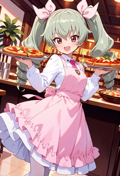 Highest Quality, details, high resolution, 8k, 超high resolution, Soft Saturation, 1 girl, solo, anchovy  \(girls&panzer)\, drill hair, green hair, twin drill, hair bow, long hair, Pink Apron Dress,  white frill, Pink Ribbon Tie, white pantyhose, open eyes ...