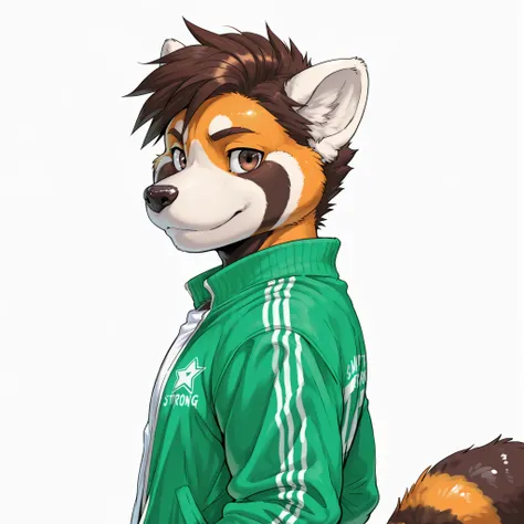 Anthro red panda, 1boy, solo, lean strong, short dark brown hair, glossy fur, light orange fur, simple background, brown eyes, white t-shirt, green sports jacket, simple background, white background, upper body focus, looking at viewer, from side, young