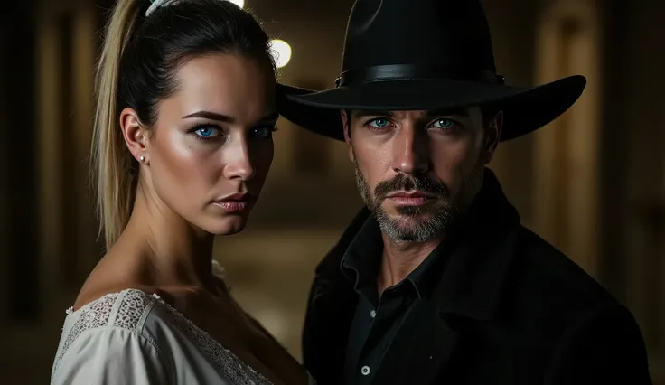A hyper-realistic cinematic scene showing Elise, a mysterious and beautiful nurse in her early 30s, leaning in to whisper in Jack Crowley's ear in a dimly lit parlor. Elise has soft blond hair tied loosely, piercing yet troubled green eyes, and wears a mod...