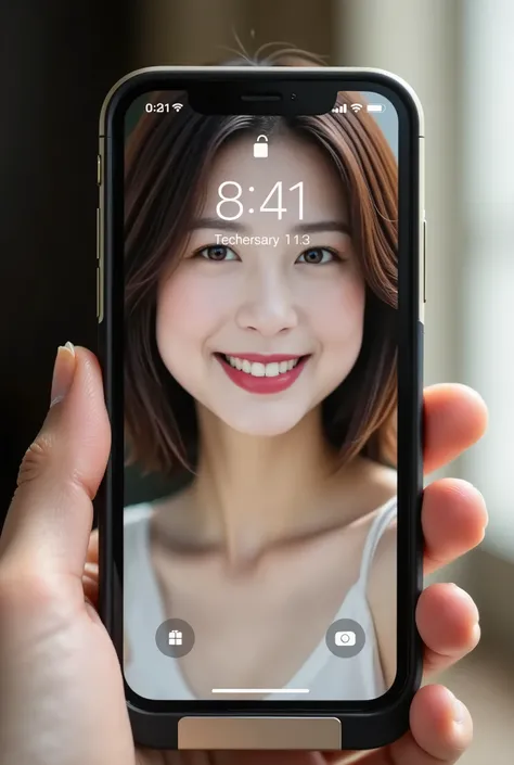POV, A picture of a hand holding an iPhone, The iPhone is in a holder with a glossy frame {X} A picture of a beautiful Japanese woman is displayed on the standby screen, the date and time is displayed、(((that woman has brown hair,   long wave hair、smile)))...