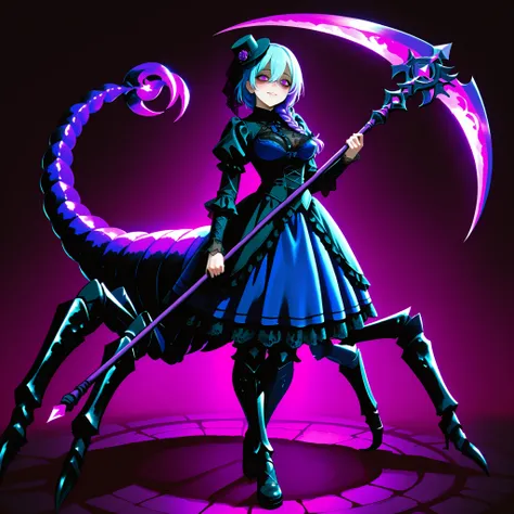Serket. Scorpion type Arachne Girl. Lavender colored hair. Single braid. Gothic dress. Purple and blue dress. Ruffles. Lace veil. Small gothic hat. Yandere eyes. Scythe. Holding a weapon. Perky breasts. Scorpion legs. Scorpion claws. Scorpion tail. Black c...