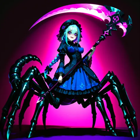 Serket. Scorpion type Arachne Girl. Lavender colored hair. Single braid. Gothic dress. Purple and blue dress. Ruffles. Lace veil. Small gothic hat. Yandere eyes. Scythe. Holding a weapon. Perky breasts. Scorpion legs. Scorpion claws. Scorpion tail. Black c...