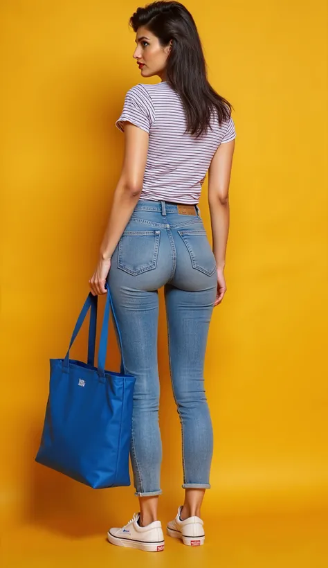 Close-up in back diagonal position of a thin woman standing, wearing striped t-shirt and jeans Levis and (((Vans® sneakers model ultrarange))), holding a basic blue cooler bag, Simple bag e reta, thermal bag with tote bag size, Simple bag, Ecological sabot...