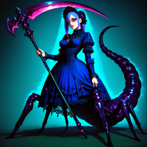 Serket. Scorpion type Arachne Girl. Lavender colored hair. Single braid. Gothic dress. Purple and blue dress. Ruffles. Lace veil. Small gothic hat. Yandere eyes. Scythe. Holding a weapon. Perky breasts. Scorpion legs. Scorpion claws. Scorpion tail. Black c...