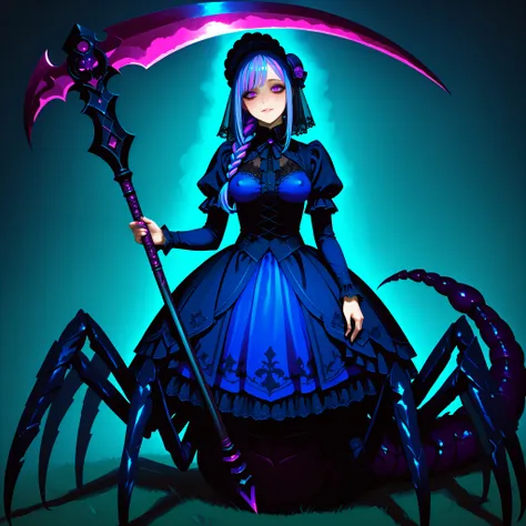 Serket. Scorpion type Arachne Girl. Lavender colored hair. Single braid. Gothic dress. Purple and blue dress. Ruffles. Lace veil. Small gothic hat. Yandere eyes. Scythe. Holding a weapon. Perky breasts. Scorpion legs. Scorpion claws. Scorpion tail. Black c...