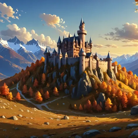 closed-up of lone castle, high resolution castle, fantasy, digital painting style, realistic shadows, iray, massive autumn forests, detailed mountains, (cold autumn evening:1.3), twilight, 8k, 16k, highly Detailed, clear sky, fogless, masterpiece, Panorama...