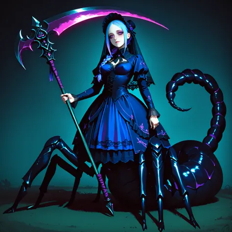 Serket. Scorpion type Arachne Girl. Lavender colored hair. Single braid. Gothic dress. Purple and blue dress. Ruffles. Lace veil. Small gothic hat. Yandere eyes. Scythe. Holding a weapon. Perky breasts. Scorpion legs. Scorpion claws. Scorpion tail. Black c...