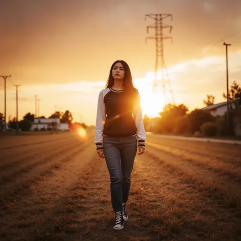Realistic cinematic portrait of a young woman with long dark hair and fair skin, walking across a dry, open field at sunset, wearing classic black Converse sneakers. She wears a casual outfit: a dark baseball-style raglan shirt with white sleeves and simpl...