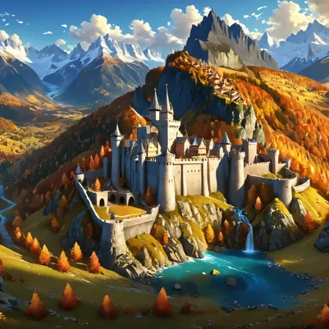 (closed-up of massive kingdom on a flat field), fortress, mountains, castle beneath a waterfall, churches, towers, forts, high resolution castle, fantasy, digital painting style, realistic shadows, iray, massive autumn forests, autumn pine forest, detailed...