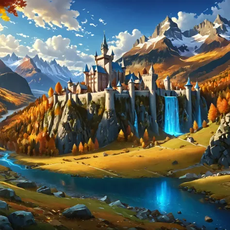 (closed-up of massive kingdom on a flat field), fortress, mountains, castle beneath a waterfall, churches, towers, forts, high resolution castle, fantasy, digital painting style, realistic shadows, iray, massive autumn forests, autumn pine forest, detailed...