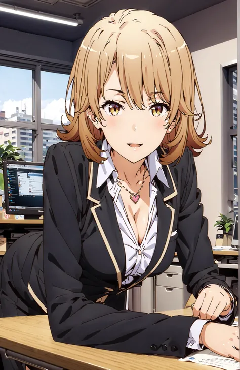 Iroha Isshiki, solo,short hair, brown hair, brown eyes in the bedroom,Medium breast,cleavage,heart shaped necklace,smile,blush,open your mouth,
OL,glasses,black suit jacket, collared jacket, white dress shirt, collar shirt, neckline, button,black pencil s...
